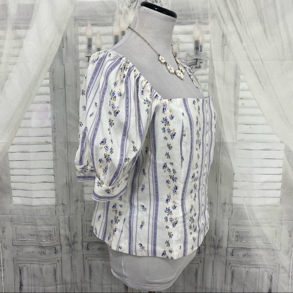 Antonio Melani Size 14 Square Neck Linen Floral Striped Blouse White Blue Boxy - Picture 4 of 9